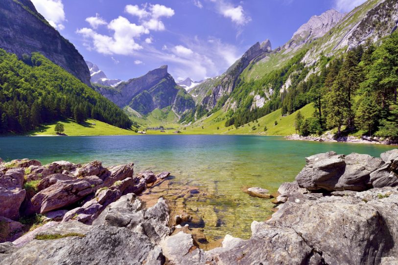 Summer at Seealpsee in Alpstein with mountain S?ntis in the back. The colorful lake is surrounded by trees.